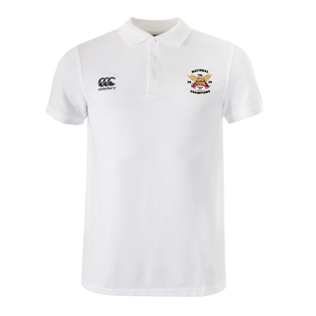 The Atlanta Old White Rugby Champs Waimak Polo by EMB Canterbury is a white short-sleeve polo with a buttoned collar, Canterbury logo on the right chest, and a colorful "Netball Champions" emblem on the left.