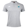The Las Colinas Rugby Waimak Polo by EMB Canterbury features a light grey color, short sleeves, three-button collar, CCC logo on the right chest, and a blue/yellow crest on the left—ideal for fans of classic men's rugby style.