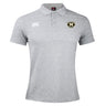 The Monarch Rugby Club Waimak Polo by EMB Canterbury is a light grey short-sleeve shirt featuring a "Monarch Rugby" logo on the left chest and a white Canterbury logo on the right.