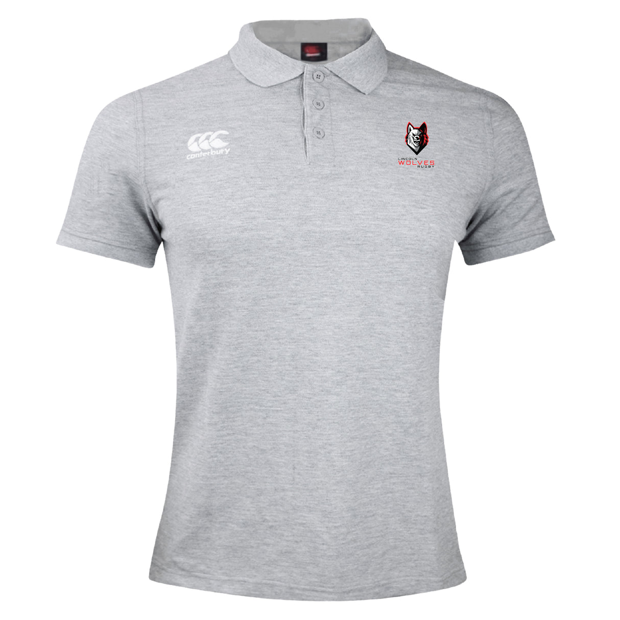 Light grey short-sleeve Lincoln Wolves Waimak Polo by EMB Canterbury, featuring a collar, Canterbury logo on the right chest, and red and black Worcester emblem on the left. Classic design offers everyday comfort.
