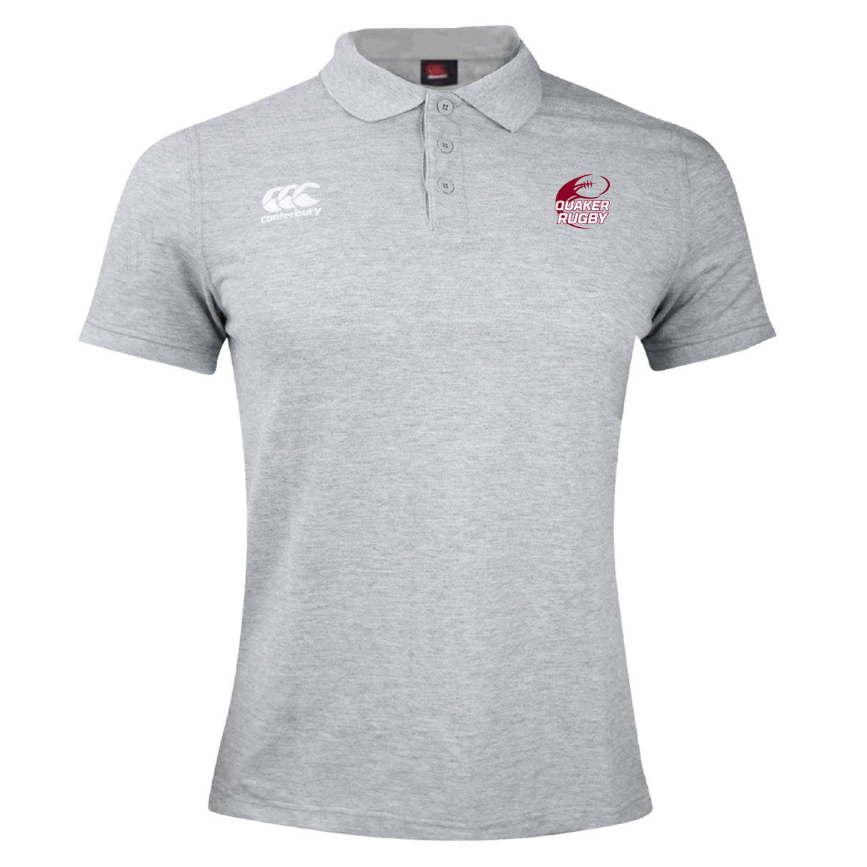 The Guilford College Waimak Polo by EMB Canterbury is a light grey men’s rugby polo with the Canterbury logo on the right chest and a Quaker Rugby logo on the left, blending style with sport.