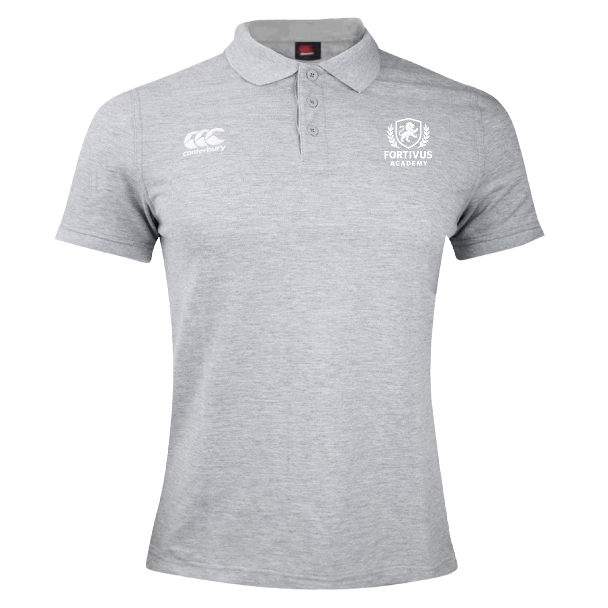 The Fortivus Academy Waimak Polo by EMB Canterbury is a light grey short-sleeve men’s rugby polo with a collar, featuring the CCC Waimak Rugby Polo logo on the right chest and the Fortivus Academy logo on the left.