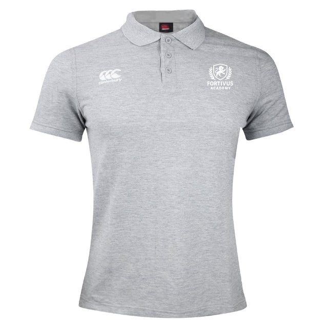 The Fortivus Academy Waimak Polo by EMB Canterbury is a light grey short-sleeve men’s rugby polo with a collar, featuring the CCC Waimak Rugby Polo logo on the right chest and the Fortivus Academy logo on the left.