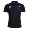 The Monarch Rugby Club Waimak Polo by EMB Canterbury is a black short-sleeve men's collared shirt featuring a white Canterbury logo on the right chest and a yellow-black "M" emblem on the left. Classic CCC Waimak Rugby Polo style.