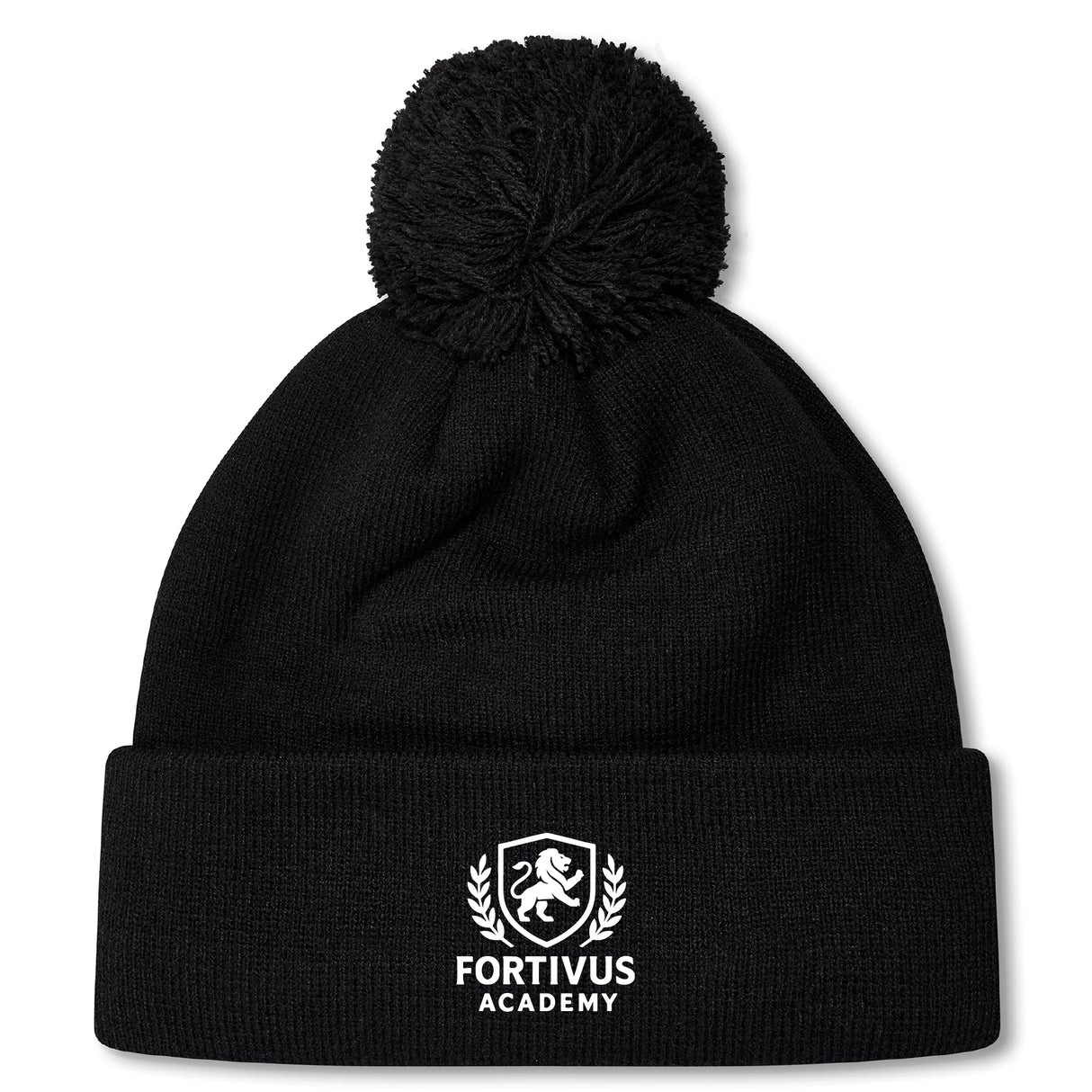 The Fortivus Academy Pom Pom Beanie by EMB Canterbury is a black knit beanie with a pom-pom and features the Fortivus Academy logo and text embroidered in white on the folded brim.