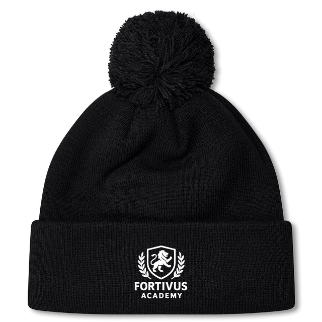 The Fortivus Academy Pom Pom Beanie by EMB Canterbury is a black knit beanie with a pom-pom and features the Fortivus Academy logo and text embroidered in white on the folded brim.