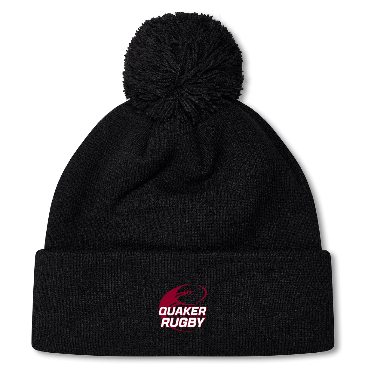Stay warm in the Guilford College Pom Pom Beanie by EMB Canterbury, featuring a black knit design with fleeced lining, a top pom-pom, and "Quaker Rugby" logo in red and white on the front cuff.