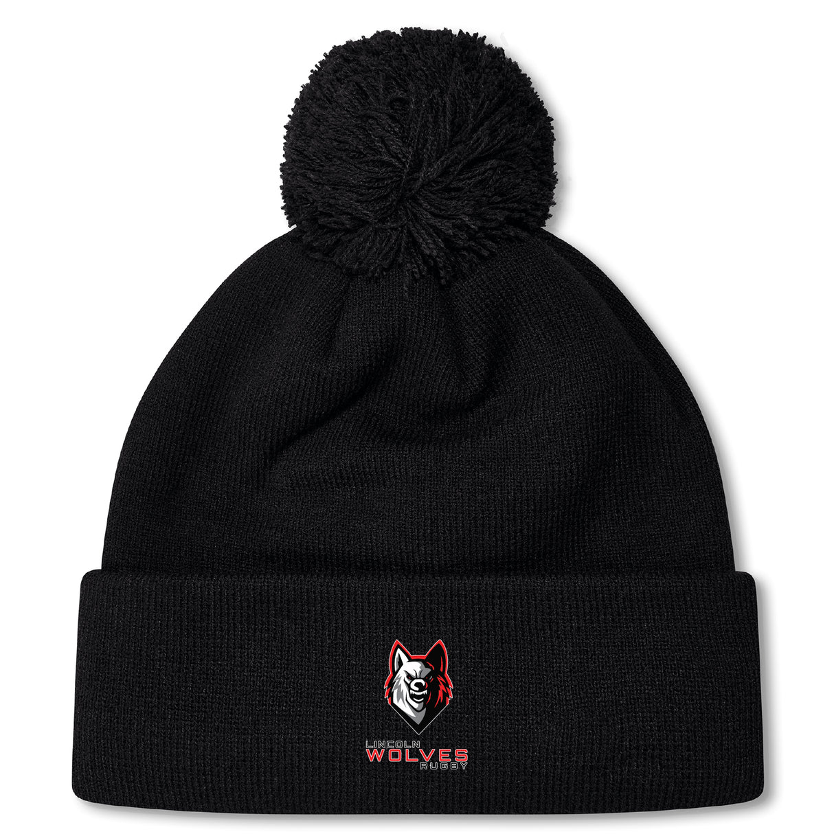 Stay cozy and stylish with the Lincoln Wolves Pom Pom Beanie by Canterbury. This black EMB Canterbury knit features a pom-pom, embroidered wolf head logo, and "Wolves" text on the front cuff—perfect for chilly days.