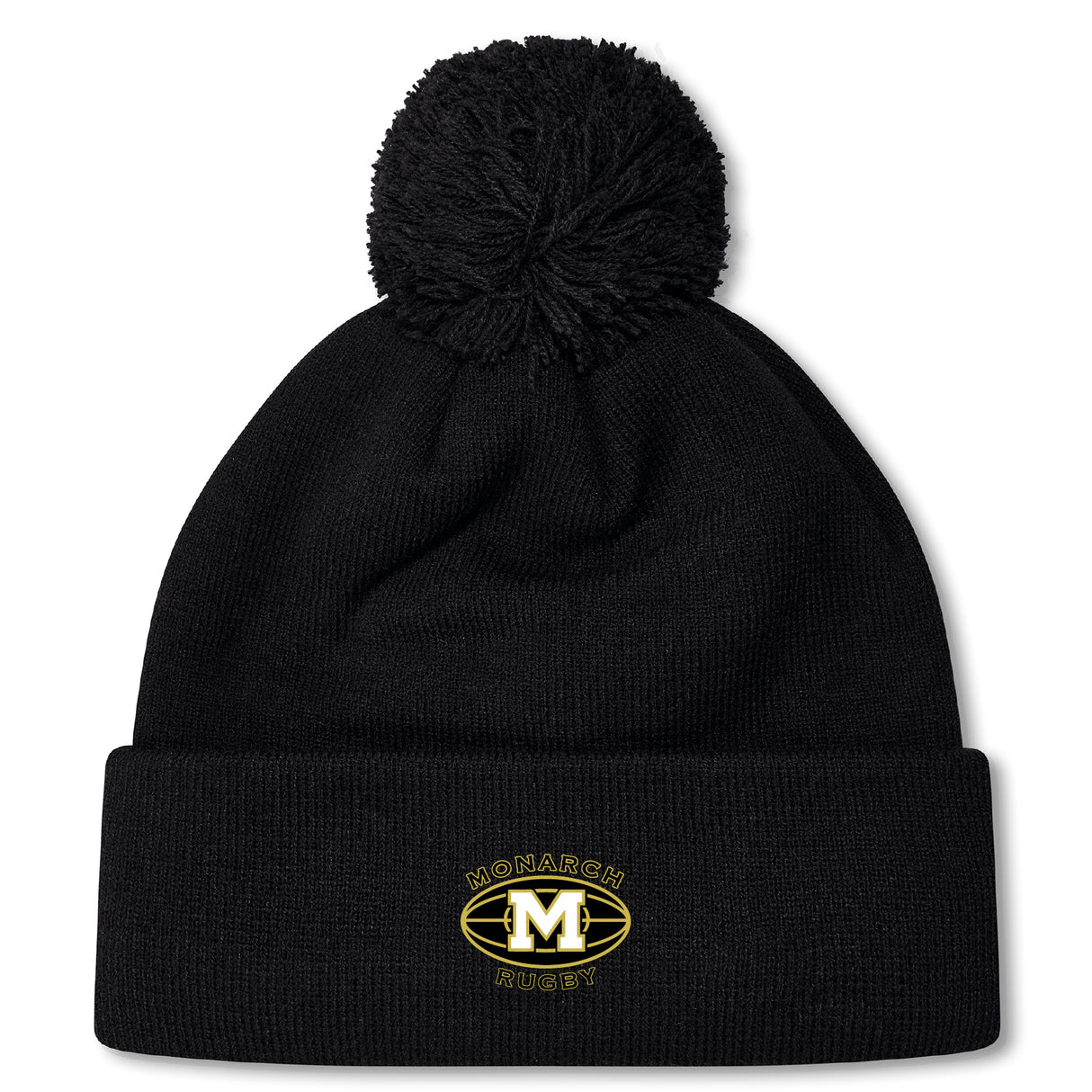 The Monarch Rugby Club Pom Pom Beanie by EMB Canterbury is a black, fleece-lined hat with a pom-pom and an embroidered gold "M" Monarch Rugby logo on the front cuff.
