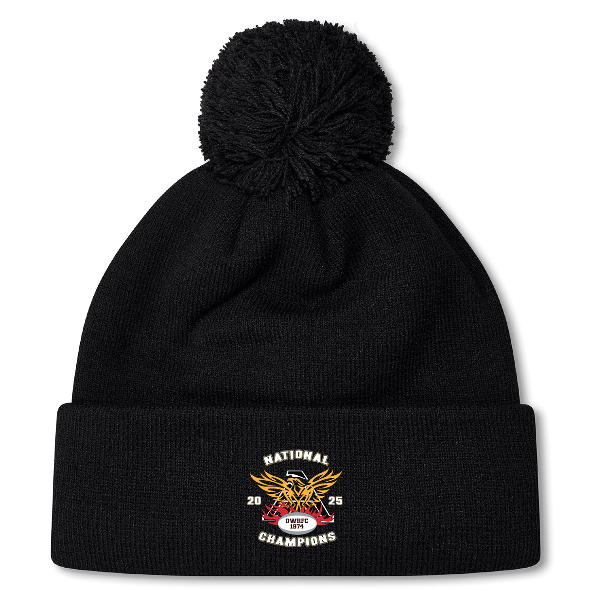 Stay warm in the Atlanta Old White Rugby Champs Pom Pom Beanie by EMB Canterbury, featuring a "National Champions 2025 OWU" logo, eagle design, cozy fleece lining, and classic pom-pom—perfect for rugby fans.