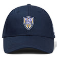 The Franklin County High School Rugby Flexfit Drill Cap by EMB Canterbury features a navy blue design with a "Flyer RFC" shield embroidered logo patch on the front center.