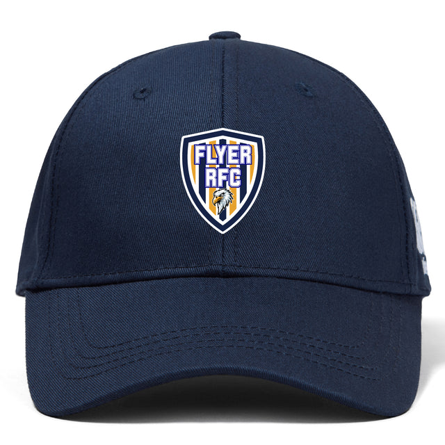 The Franklin County High School Rugby Flexfit Drill Cap by EMB Canterbury features a navy blue design with a "Flyer RFC" shield embroidered logo patch on the front center.