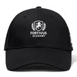 The Fortivus Academy Flexfit Drill Cap by EMB Canterbury features an embroidered "Fortivus Academy" logo with a lion crest and laurel wreath on the front.