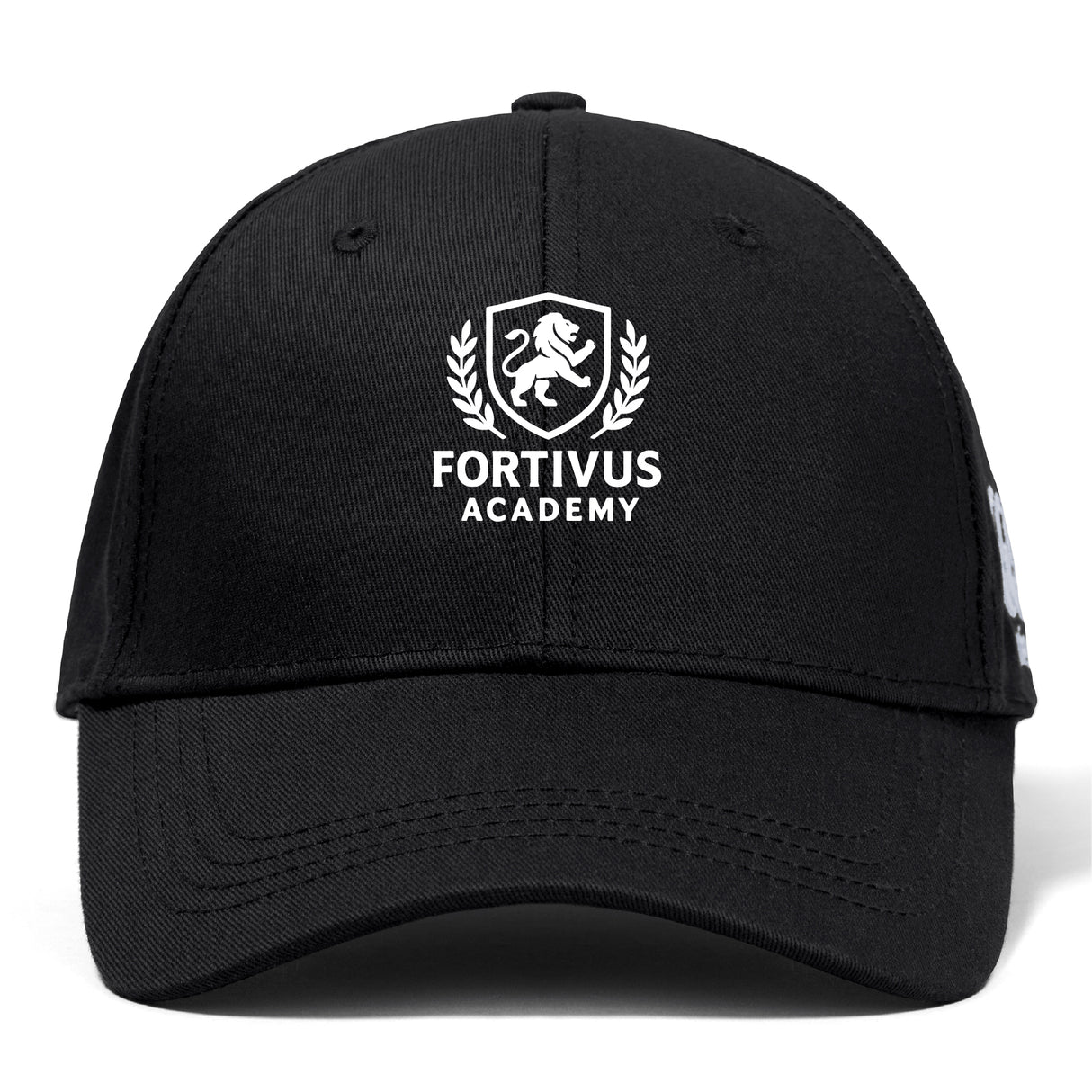 The Fortivus Academy Flexfit Drill Cap by EMB Canterbury features an embroidered "Fortivus Academy" logo with a lion crest and laurel wreath on the front.