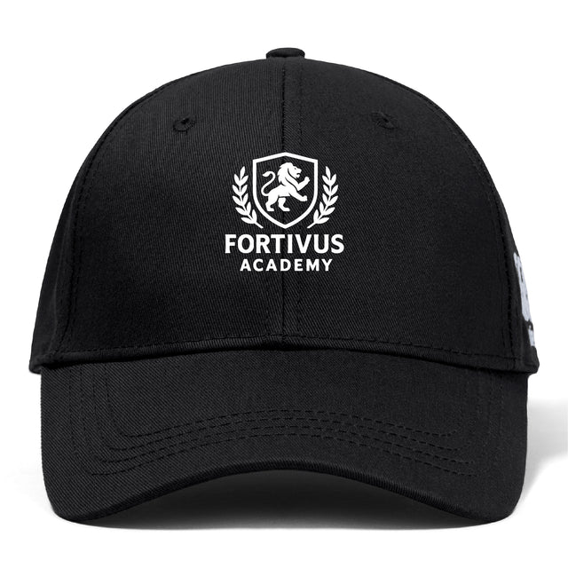 The Fortivus Academy Flexfit Drill Cap by EMB Canterbury features an embroidered "Fortivus Academy" logo with a lion crest and laurel wreath on the front.