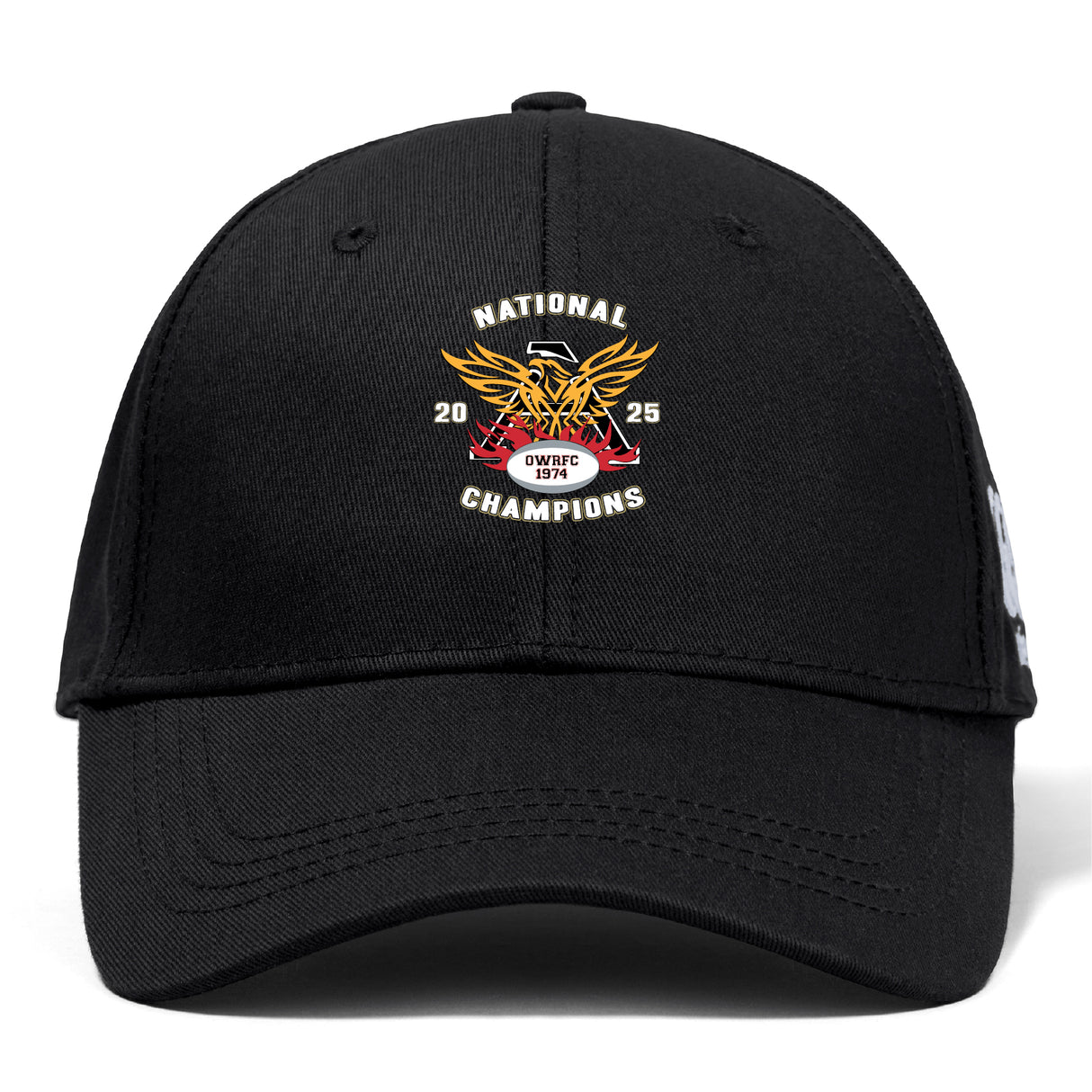 The Atlanta Old White Rugby Champs Flexfit Drill Cap by EMB Canterbury features a gold eagle emblem, red ribbon, CCC logo, and “National Champions 2025”/“Owls WC” text.