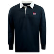 The EMB Mudoo Guilford College Classic Long Sleeve Solid Rugby Jersey features a white collar and cuffs on black fabric, with the "Quaker Rugby" logo displayed on the left chest.