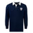 The Franklin County High School Rugby Classic Long Sleeve Solid Rugby Jersey by EMB Mudoo features a navy blue design with a white collar and a "Flyer Rugby" logo patch on the left chest.