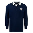 The Franklin County High School Rugby Classic Long Sleeve Solid Rugby Jersey by EMB Mudoo features a navy blue design with a white collar and a "Flyer Rugby" logo patch on the left chest.