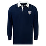 The Franklin County High School Rugby Classic Long Sleeve Solid Rugby Jersey by EMB Mudoo features a navy blue design with a white collar and a "Flyer Rugby" logo patch on the left chest.