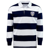The EMB Mudoo Franklin County High School Rugby Classic Long Sleeve Hooped Rugby Jersey adds retro style to your wardrobe with its bold stripes and classic logo.