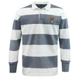 The EMB Mudoo Verona Area Rugby Classic Jersey boasts a throwback look with gray and white stripes, long sleeves, and a collar. Crafted from a comfy cotton/poly blend, it features an embroidered logo on the left chest.