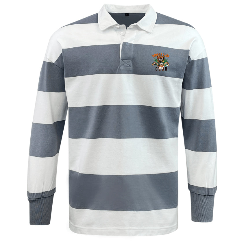 The EMB Mudoo Verona Area Rugby Classic Jersey boasts a throwback look with gray and white stripes, long sleeves, and a collar. Crafted from a comfy cotton/poly blend, it features an embroidered logo on the left chest.