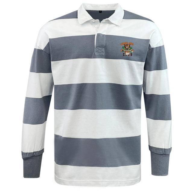 The EMB Mudoo Verona Area Rugby Classic Jersey boasts a throwback look with gray and white stripes, long sleeves, and a collar. Crafted from a comfy cotton/poly blend, it features an embroidered logo on the left chest.