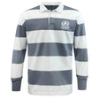 The EMB Mudoo Fortivus Academy Classic Long Sleeve Hooped Rugby Jersey features bold gray and white stripes and a "Fortivus Academy" logo on the left chest for a vintage-inspired style.