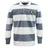 The EMB Mudoo Monarch Rugby Club Classic Long Sleeve Hooped Rugby Jersey features wide white and gray stripes, a collar, and a "Monarch Rugby" logo on the left chest—a timeless vintage-inspired rugby shirt.