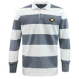 The EMB Mudoo Monarch Rugby Club Classic Long Sleeve Hooped Rugby Jersey features wide white and gray stripes, a collar, and a "Monarch Rugby" logo on the left chest—a timeless vintage-inspired rugby shirt.