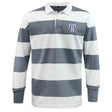 The EMB Mudoo Franklin County High School Rugby Classic Long Sleeve Hooped Rugby Jersey features wide white and gray stripes, a classic collar, and a "Flyer RFC" crest for timeless sporty style.