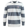 The EMB Mudoo Franklin County High School Rugby Classic Long Sleeve Hooped Rugby Jersey features wide white and gray stripes, a classic collar, and a "Flyer RFC" crest for timeless sporty style.