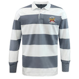 The EMB Mudoo Atlanta Old White Rugby Champs Classic Long Sleeve Hooped Rugby Jersey features broad gray and white stripes, a collar, and a "National Champions" patch on the left chest for authentic retro style.