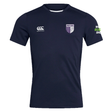 The OMBAC Rugby Club Dry Tee by EMB Canterbury features the "Canterbury" logo, a horse crest, and "WALES RUGBY SHOP" on the sleeve. With Vapodri Technology for quick drying and breathability, it's perfect for staying comfortable during intense matches.