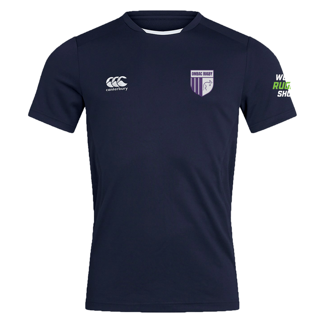 The OMBAC Rugby Club Dry Tee by EMB Canterbury features the "Canterbury" logo, a horse crest, and "WALES RUGBY SHOP" on the sleeve. With Vapodri Technology for quick drying and breathability, it's perfect for staying comfortable during intense matches.
