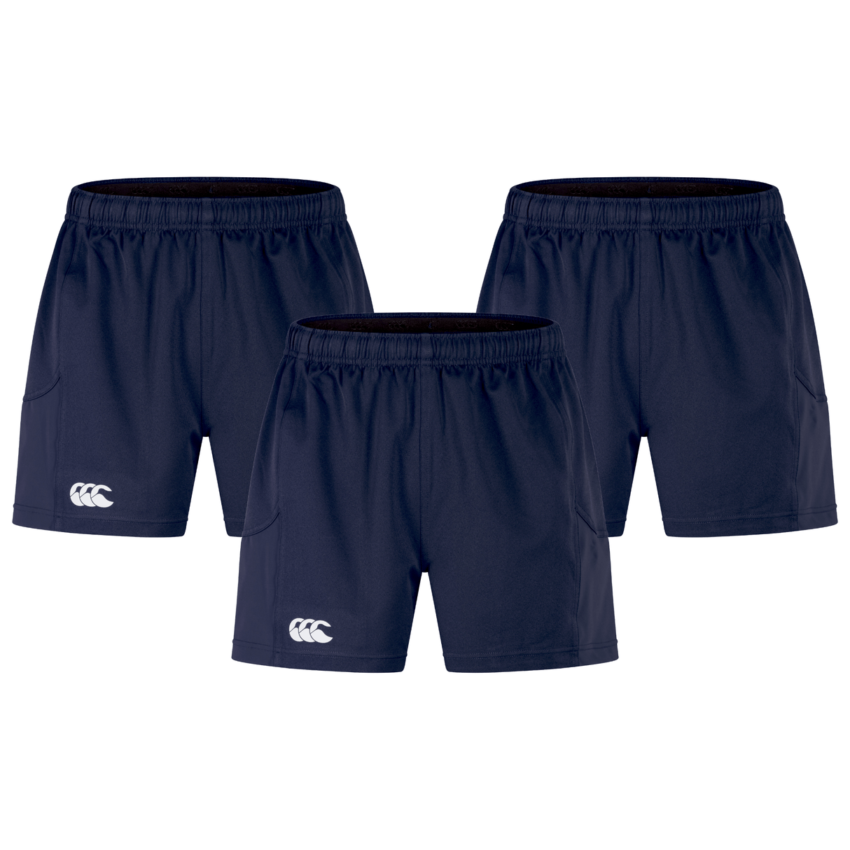 Three navy blue shorts from the Canterbury Advantage 2.0 Short 3-Pack Bundle by Bundle Canterbury, featuring a logo on the left leg, are showcased against a white background.