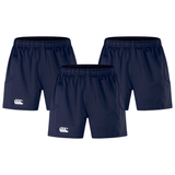 Three navy blue shorts from the Canterbury Advantage 2.0 Short 3-Pack Bundle by Bundle Canterbury, featuring a logo on the left leg, are showcased against a white background.