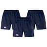 Three navy blue shorts from the Canterbury Advantage 2.0 Short 3-Pack Bundle by Bundle Canterbury, featuring a logo on the left leg, are showcased against a white background.