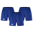 Discover the Canterbury Advantage 2.0 Short 3-Pack Bundle in blue, featuring elastic waistbands and white logos. Made with recycled content, these performance shorts offer comfort and sustainability for every workout.