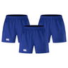 Discover the Canterbury Advantage 2.0 Short 3-Pack Bundle in blue, featuring elastic waistbands and white logos. Made with recycled content, these performance shorts offer comfort and sustainability for every workout.