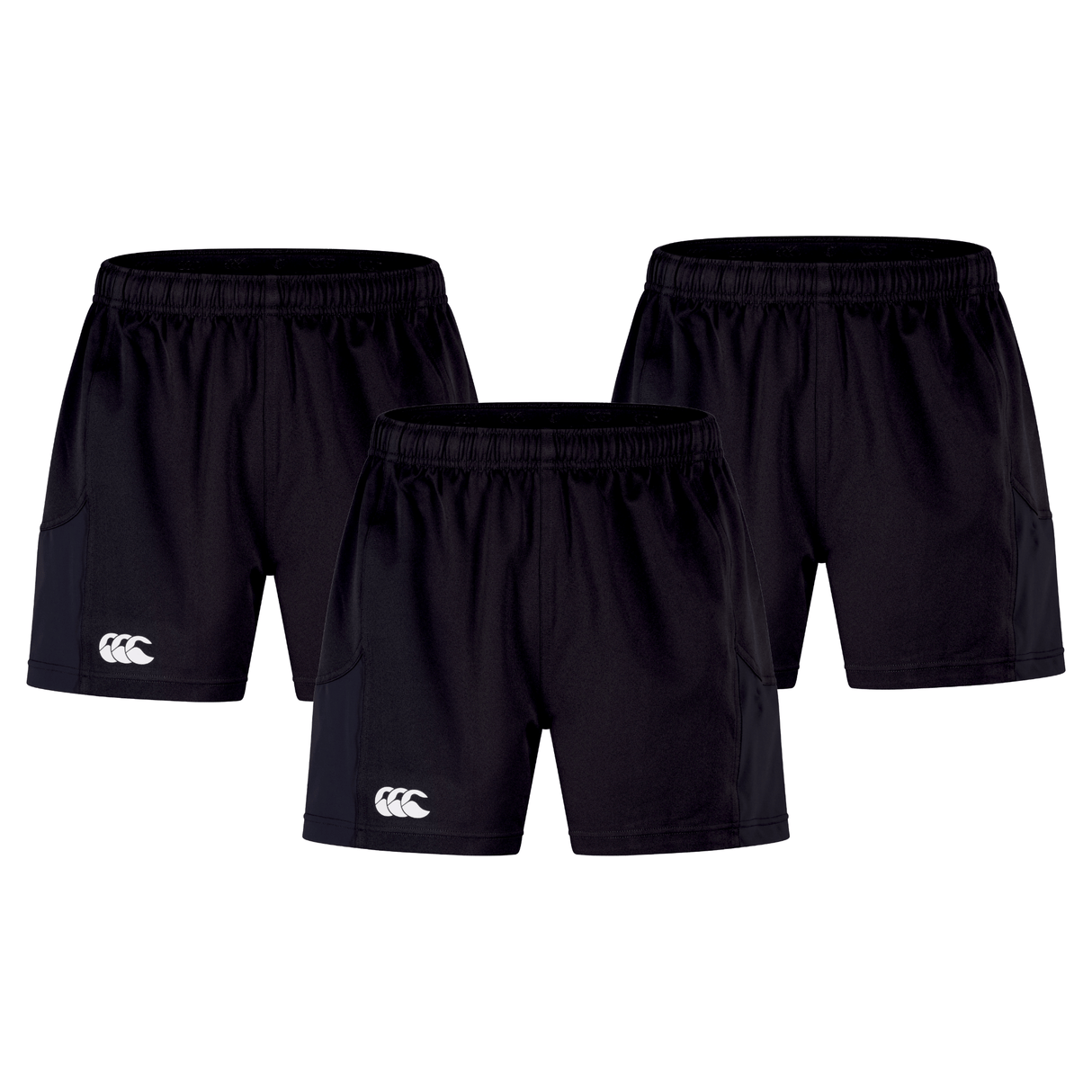 A 3-pack of Canterbury Advantage 2.0 shorts, in black with white logo on the left leg, featuring elastic waistbands and crafted from recycled materials for an eco-friendly touch.