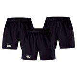 A 3-pack of Canterbury Advantage 2.0 shorts, in black with white logo on the left leg, featuring elastic waistbands and crafted from recycled materials for an eco-friendly touch.