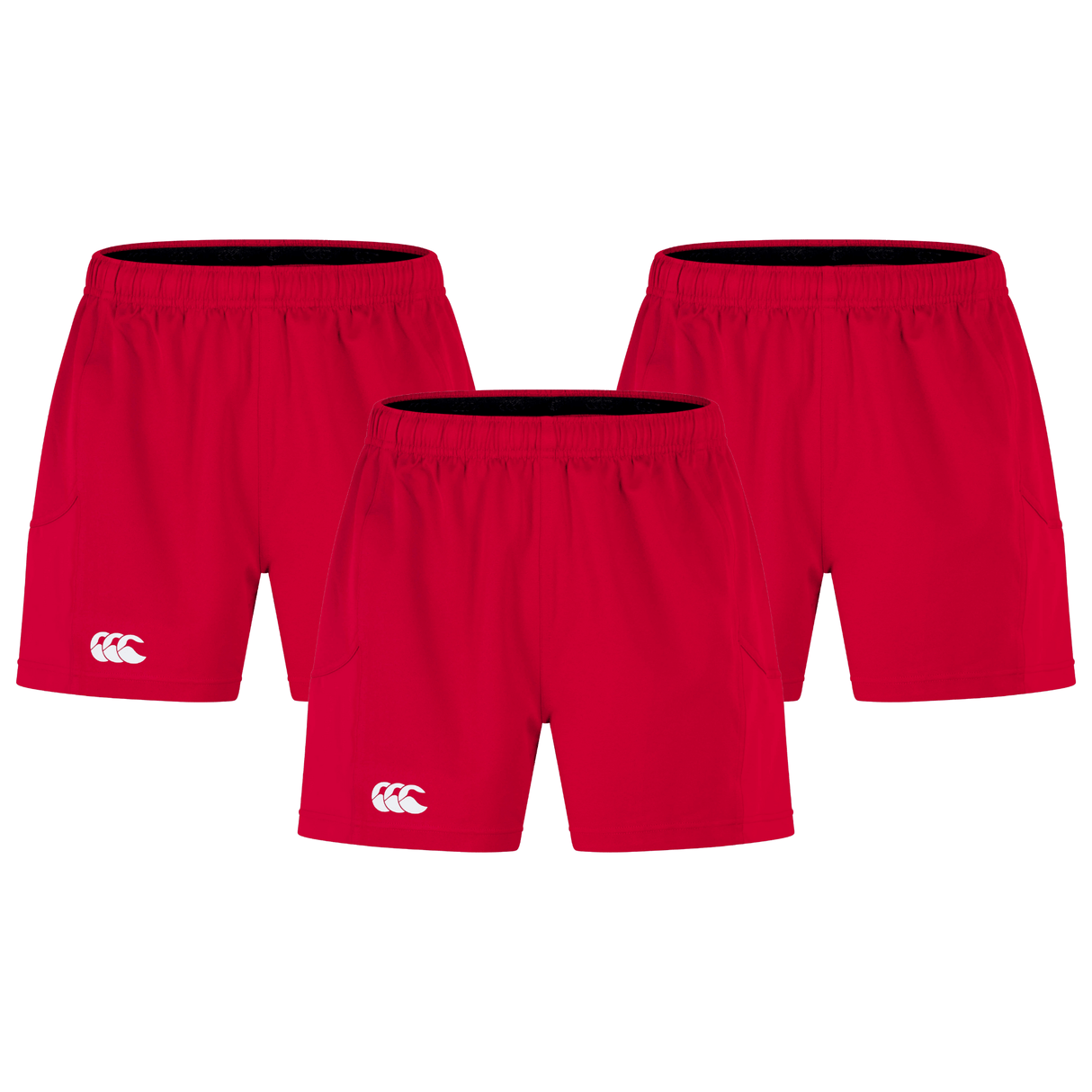 Three pairs of Canterbury Advantage 2.0 sports shorts from the Bundle Canterbury collection are shown against a white background, each featuring a white logo on the front, underscoring their premium performance quality.