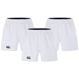 Three pairs from the Bundle Canterbury 3-Pack Canterbury Advantage 2.0 Shorts with a black logo on the left leg, arranged in a triangular formation, crafted using recycled content for eco-friendly style.