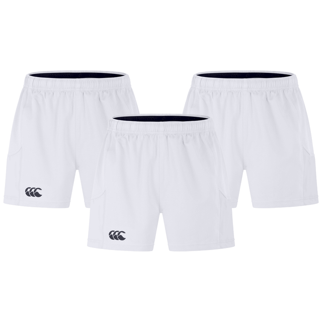 Three pairs from the Bundle Canterbury 3-Pack Canterbury Advantage 2.0 Shorts with a black logo on the left leg, arranged in a triangular formation, crafted using recycled content for eco-friendly style.
