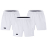 Three pairs from the Bundle Canterbury 3-Pack Canterbury Advantage 2.0 Shorts with a black logo on the left leg, arranged in a triangular formation, crafted using recycled content for eco-friendly style.