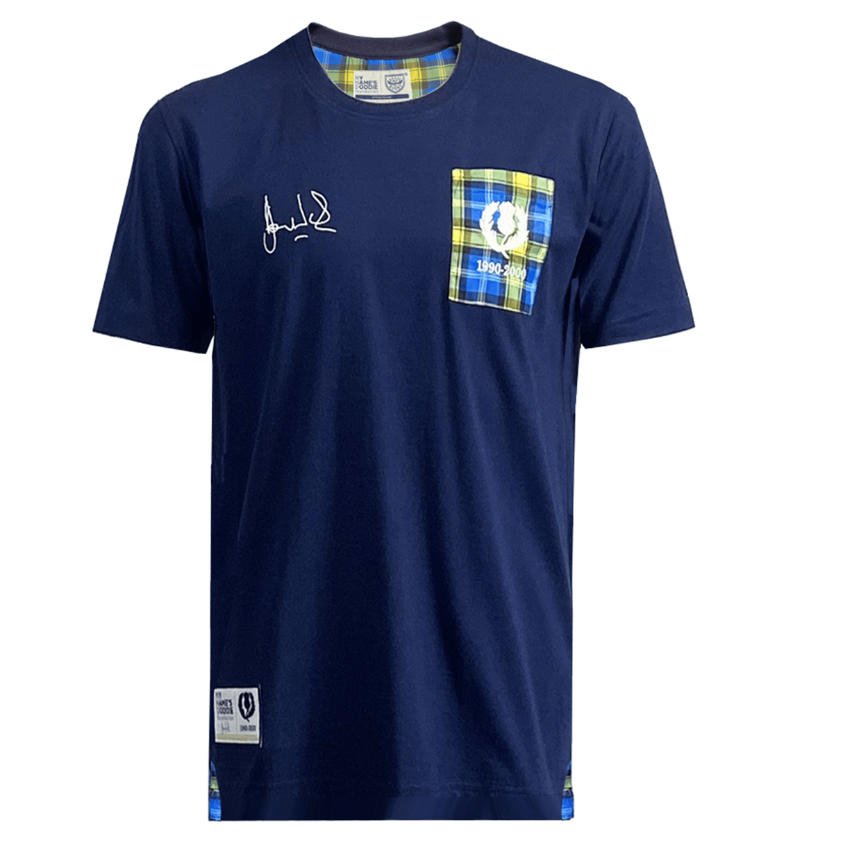 Ellis Rugby's Navy T-Shirt features a plaid pocket with the Ryder Cup logo, white signature, and two small bottom labels. Inspired by the Doddie Weir Retro style, it subtly honors 'My Name'5 Doddie' foundation's legacy.