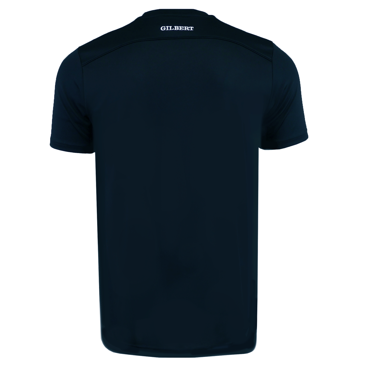Back view of the Play Rugby USA Photon Training Tee by EMB Gilbert in plain black, with "GILBERT" in white near the collar and crafted from moisture-wicking fabric for comfort.