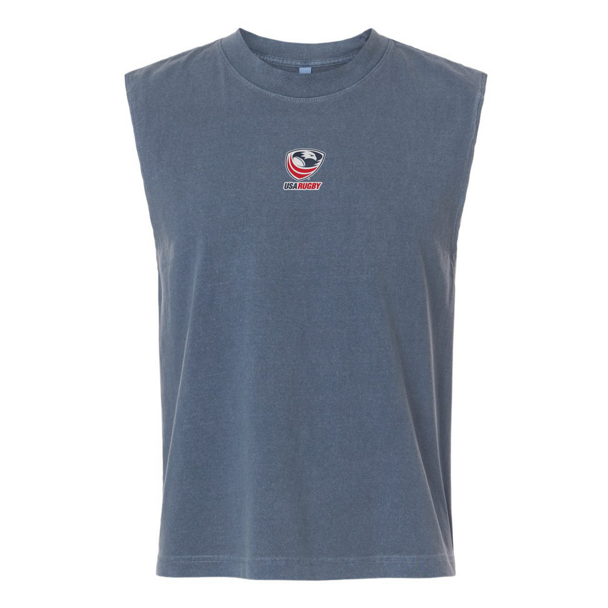The EMB S&S Activewear USA Rugby Unisex Heavyweight Cotton Mid-Length Muscle Tee is a sleeveless shirt with a small chest logo, shown against a plain white background.